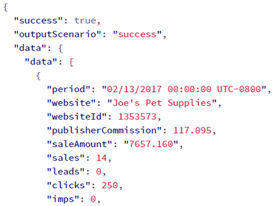 Screenshot of API output with same data as CJ report