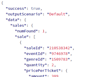 Screenshot of API output with Stubhub sales data (same data)